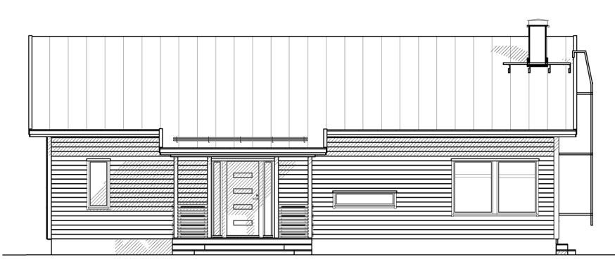 Arkitektonisk tegning av et enetasjes hus med saltak og skorstein.