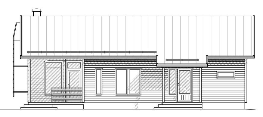 Fasadetegning av et moderne hus med treverk og flere vinduer.