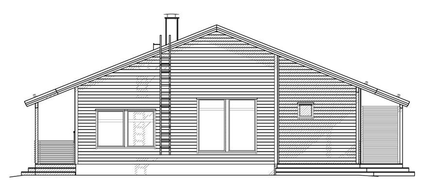 Tegning av et hus med veranda, vinduer, skorstein og stige på siden.