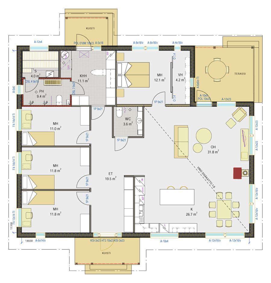 Plantegning av et hus, med soverom, kjøkken, spisestue og oppholdsrom, med angitte mål.