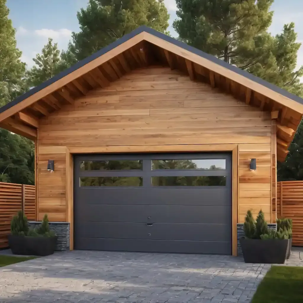 Trägarage med grå port, beläget på en kullerstensuppfart. Inredningen inkluderar två utomhusbelysningar och två planteringskärl.