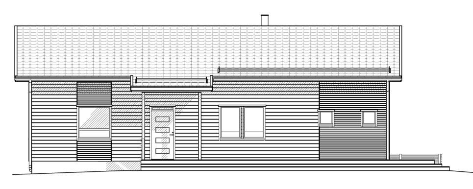 Arkitektonisk gjengivelse av et moderne hjem med horisontal kledning, flatt tak og små vinduer.