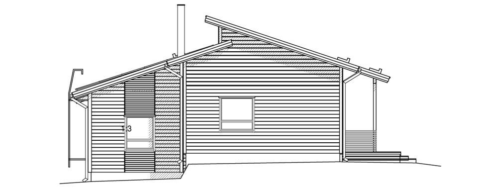 Sidevisning av en liten hytte, som viser tak, skorstein og trapper som fører til en inngang.
