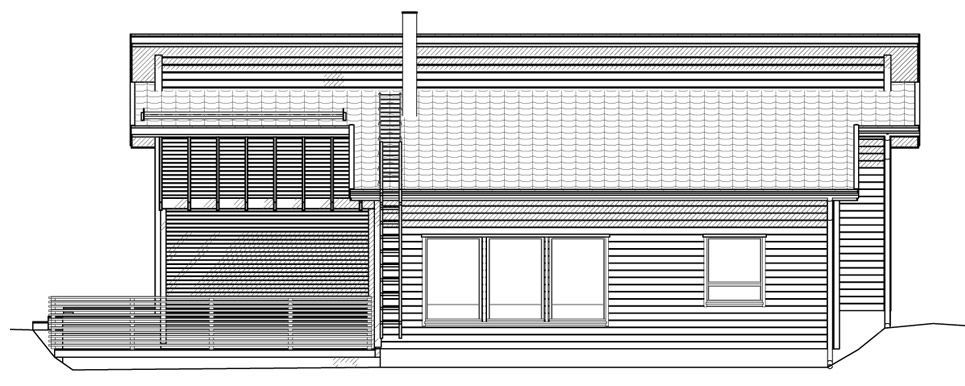 Arkitektonisk sidevisning av et moderne hus med balkong og store vinduer, gjengitt i grånyanser.