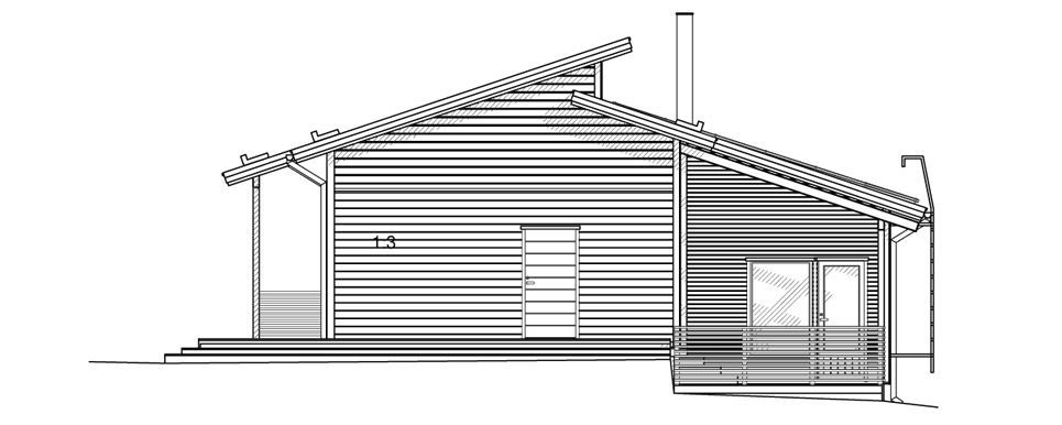 Svart-hvitt arkitektonisk gjengivelse av et lite hus med skråtak, veranda og skorstein.