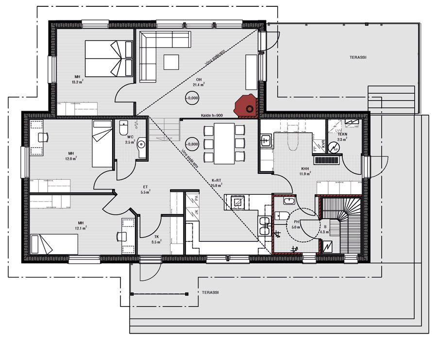Plantegning av et hus med soverom, stue, kjøkken og uteplass.