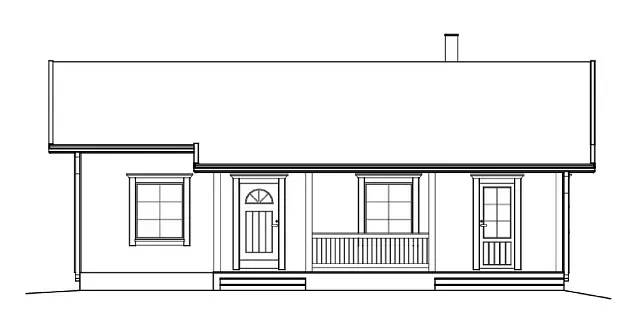 Architekturzeichnung eines kleinen einstöckigen Hauses mit Veranda, Fenstern und Schornstein.