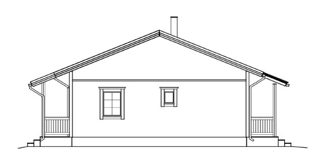 Arkitektonisk sidetegning av et enetasjes hus med veranda, vinduer og skorstein.