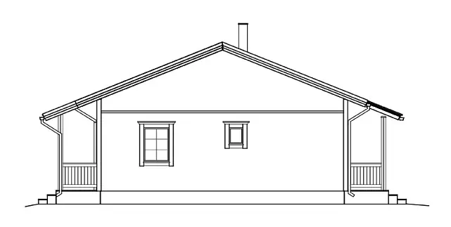 Seitenansicht eines Hauses mit Veranda und Satteldach im schwarz-weißen Architekturzeichnungsstil.