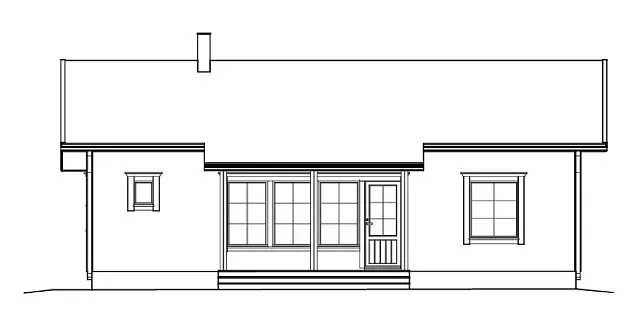 Architektonische Ansicht eines Hauses mit Veranda, Fenstern und Schornstein vor weißem Hintergrund.