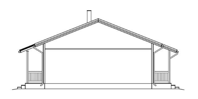 Tverrsnittstegning av et hus. Det har saltak, pipe og veranda på hver side.