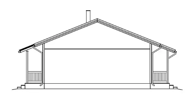 Seitenansicht eines Hauses mit Satteldach, Veranda und Schornstein, in Schwarzweiß dargestellt.