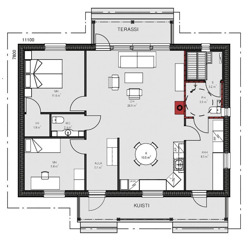 Plantegning av et hus med merkede rom, inkludert terrasse og kjøkkenområde.
