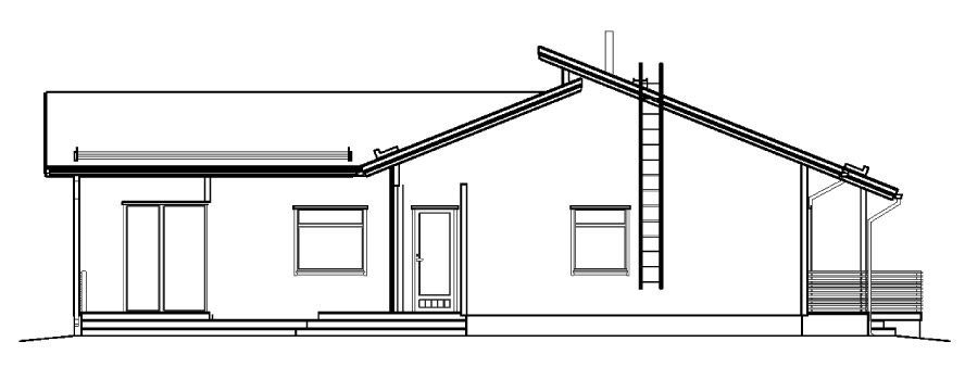 Arkitektonisk tegning av et hus med skråtak, skorstein, stige og veranda.