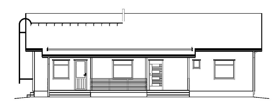 Arkitektonisk oppriss av et enetasjes hus med veranda og pipe.