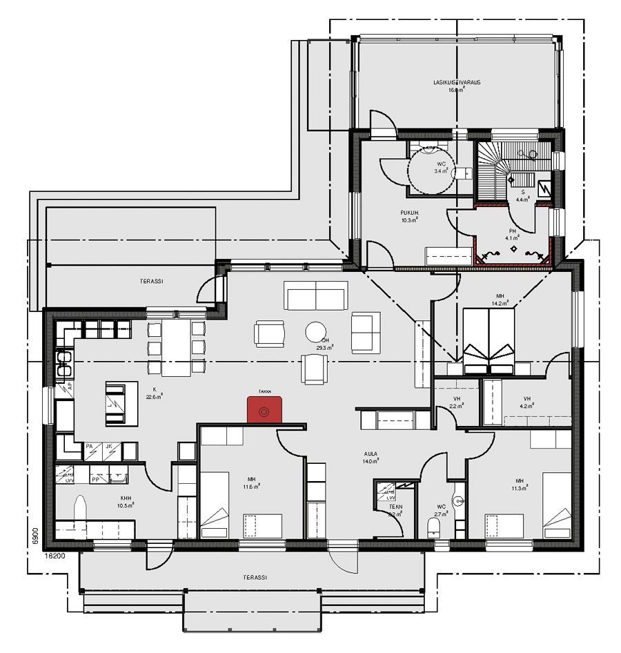 Plantegning av et hus; innvendig planløsning av rom, inkludert kjøkken, stue og soverom.