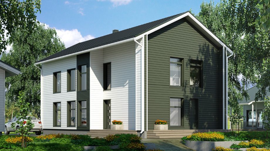 Zweistöckiges modernes Haus mit weißer und grüner Außenverkleidung, schwarzen Zierleisten, umgeben von Bäumen und Rasen.