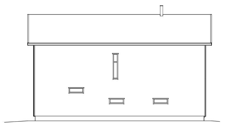Sidevisning av et enkelt hus med vinduer og skorstein; hvite vegger, tak og bakkenivå.