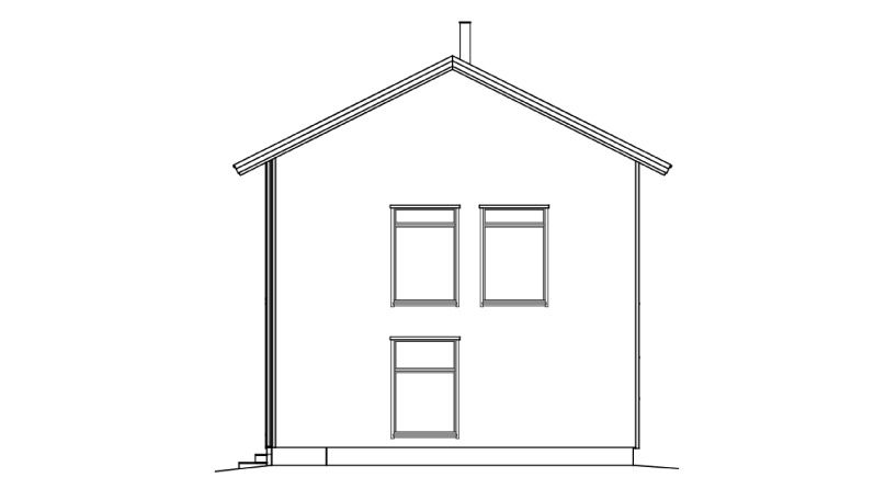 Ein einfaches zweistöckiges Haus mit drei Fenstern, einem schrägen Dach und einem Schornstein.