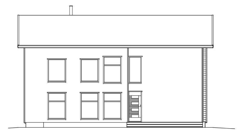 Fasade av en toetasjes bygning med rektangulære vinduer og en veranda med dør.