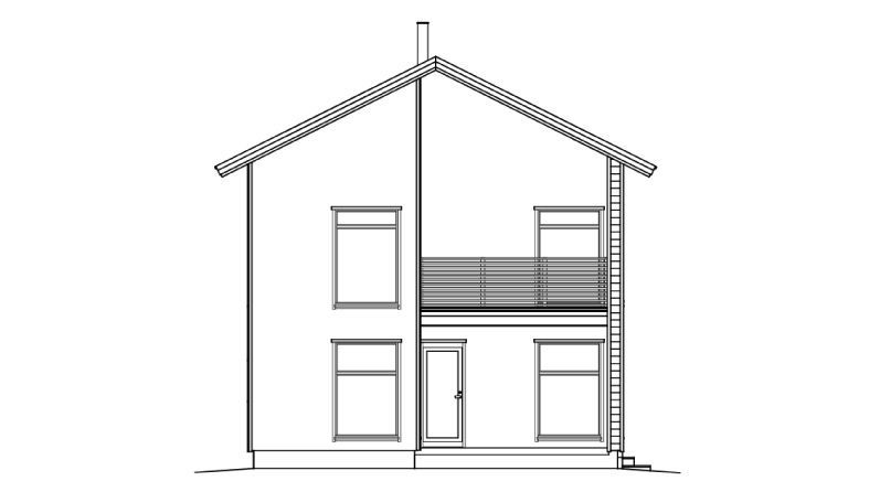 Aufrisszeichnung eines zweistöckigen Hauses mit Balkon und Kamin.