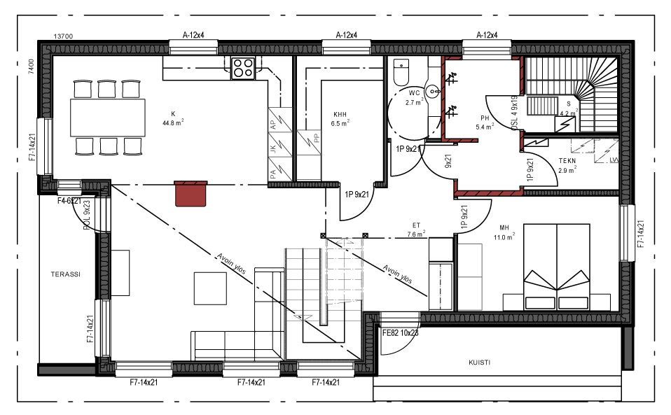 Grundriss eines Hauses. Beschriftete Räume, einschließlich Küche, Essbereich und Schlafzimmer.