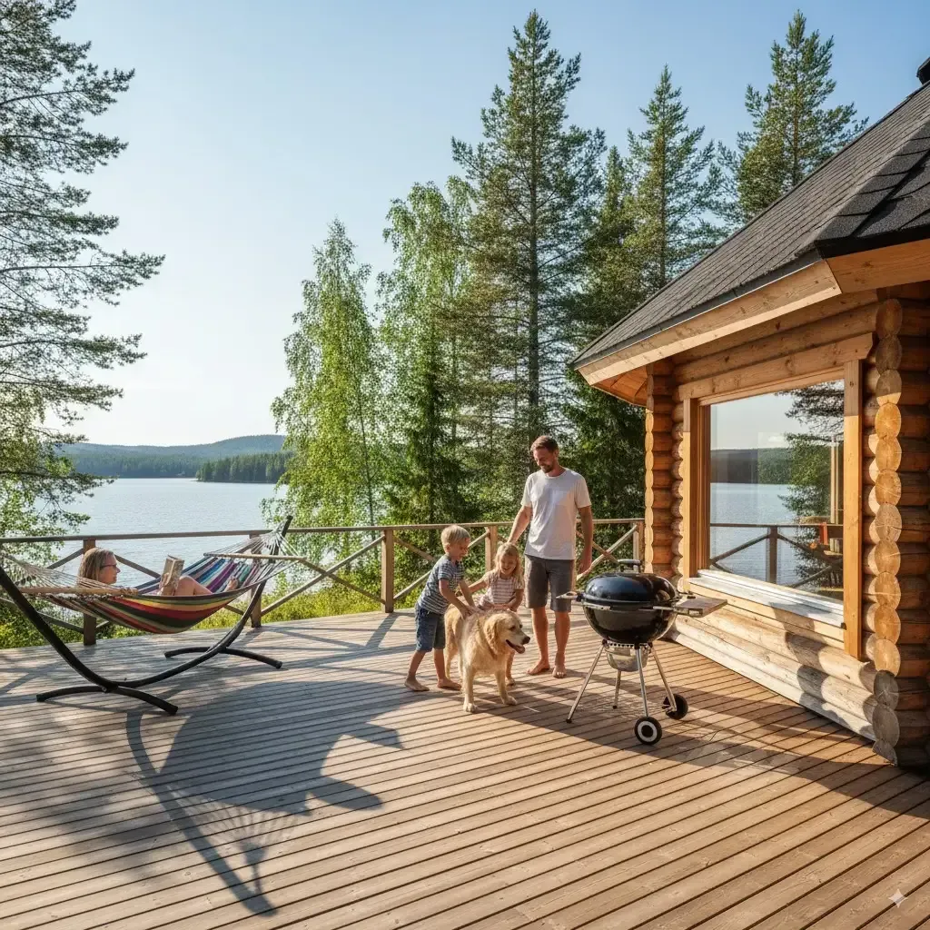 pyöröhirsimökki järven rannalla