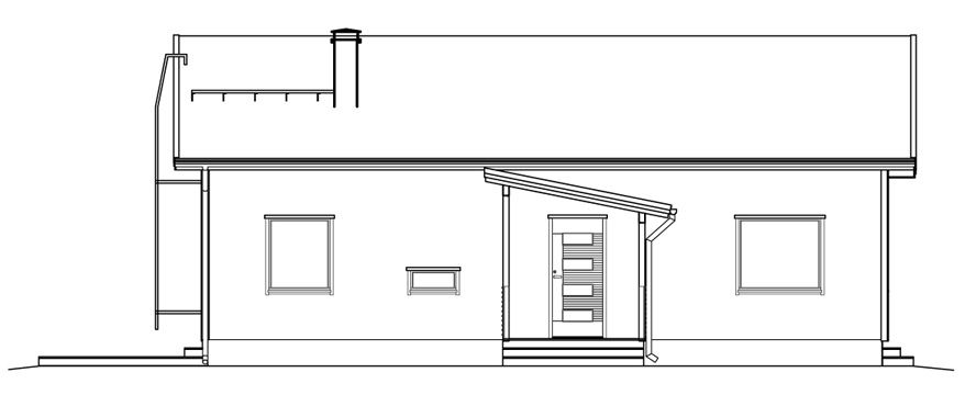 Sideopprissert tegning av et hus med saltak, pipe og veranda.
