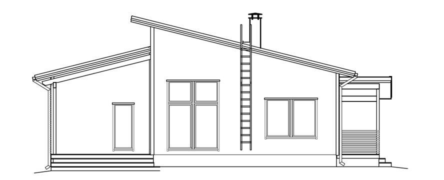 Arkitektonisk tegning av et moderne hus med skråtak, vinduer og skorstein.