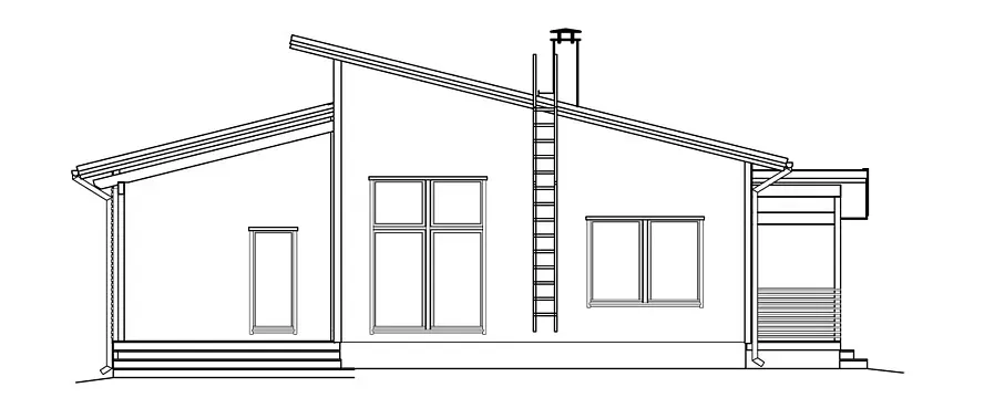 Architektonische Darstellung eines Hauses mit schrägem Dach, Fenstern und Schornstein.