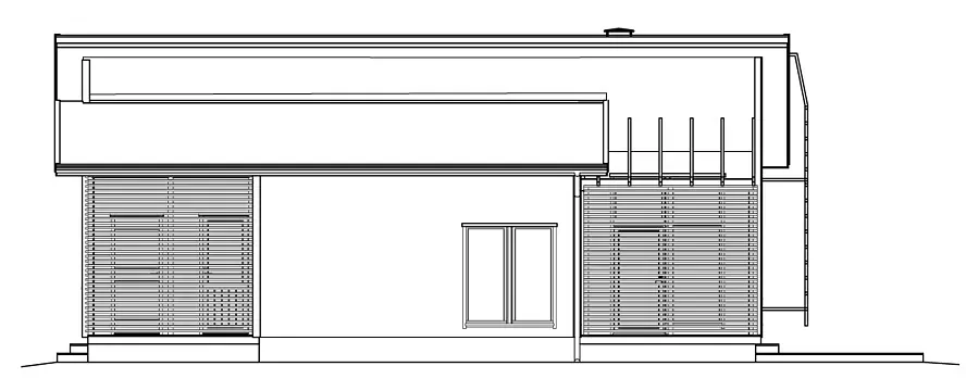 Architekturzeichnung eines modernen Gebäudes mit Glaswänden, Flachdach und geometrischen Details.
