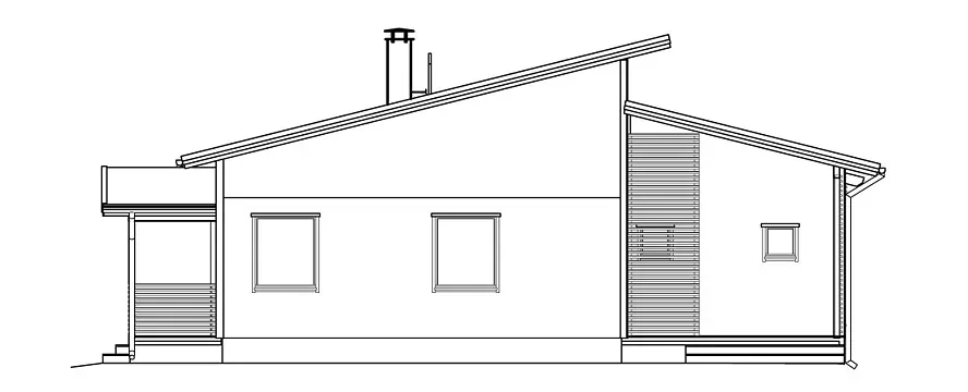 Architektonische Seitenansicht eines modernen Hauses mit schrägem Dach, Schornstein und mehreren Fenstern.