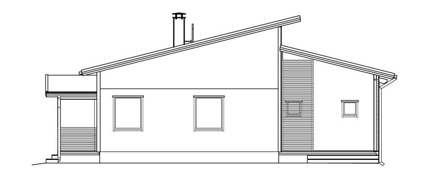 Sidevisning av en hustegning med skråtak, vinduer og skorstein.
