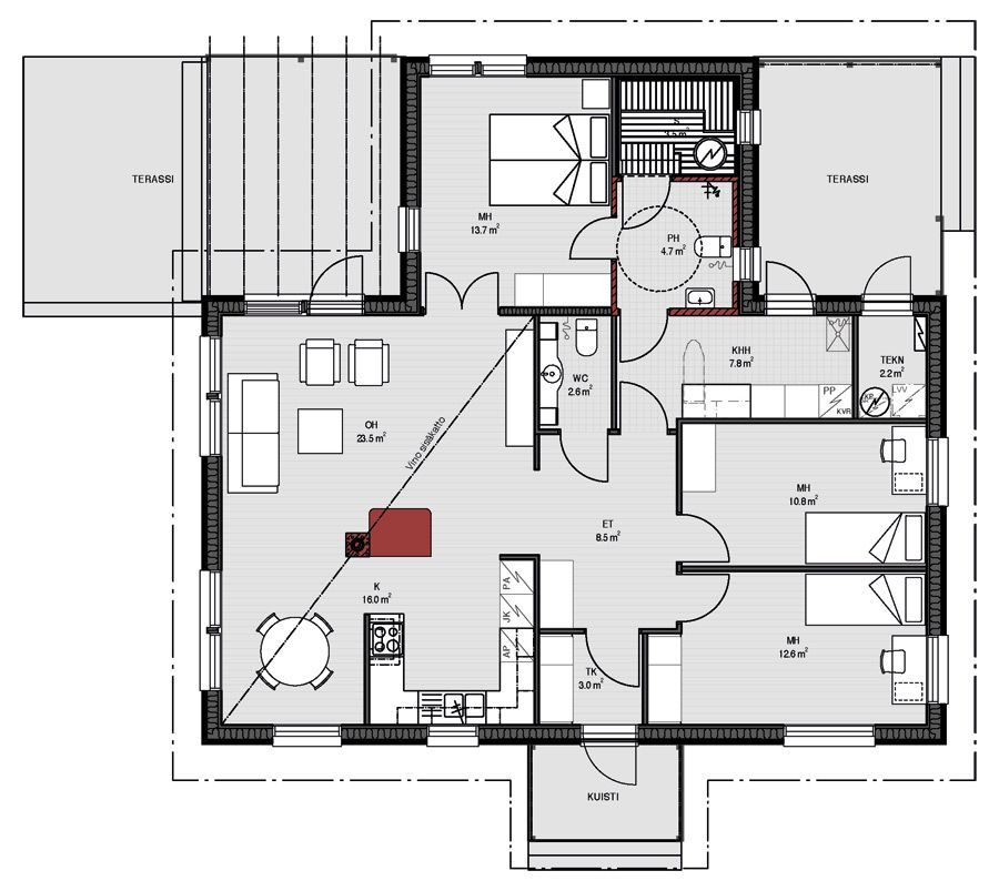 Plantegning av et hus med stue, kjøkken, soverom, bad og terrasse; innvendig planløsning.