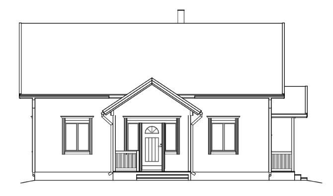 Fronttegning av et enetasjes hus med veranda og enkelt saltak.