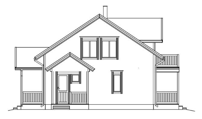 Sidefasade av et hus med veranda og balkong, med saltak, vinduer og skorstein.