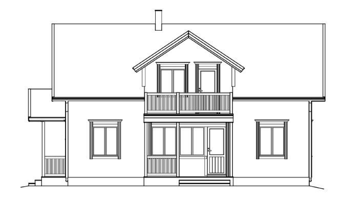 Vorderansicht eines zweistöckigen Hauses mit Balkon und Veranda; die Fenster sind gleichmäßig verteilt.