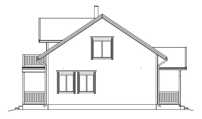 Seitenansicht einer architektonischen Zeichnung eines Hauses mit Satteldach, Fenstern und Veranden.