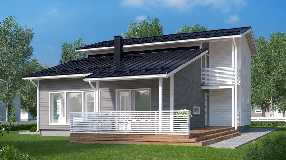 Zweistöckiges Haus mit grau-weißer Außenverkleidung, schwarzem Dach und Holzterrasse.