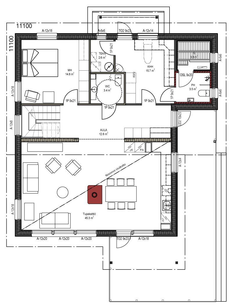 Grundriss: ein einstöckiges Haus mit beschrifteten Räumen, darunter Schlafzimmer, Wohnzimmer, Küche und Treppe zum zweiten Stock.