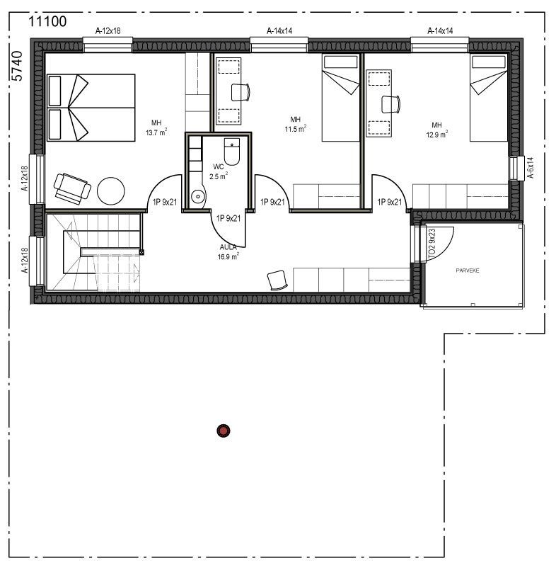 Grundriss eines Hauses mit drei Schlafzimmern, einem Wohnzimmer, einer Küche und einem Badezimmer.