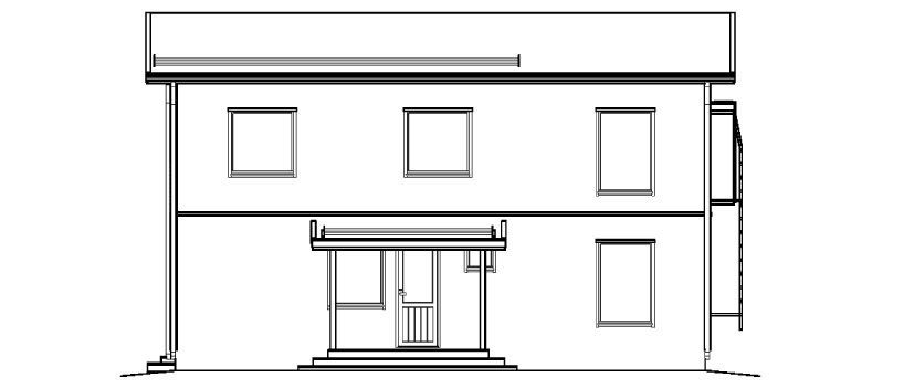 En arkitekttegning av et toetasjes hus med vinduer, veranda og et sidetilbygg.