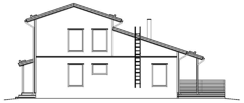 Seitenansicht eines zweistöckigen Hauses mit Satteldach, Fenstern, Schornstein und einer Leiter am Dach.