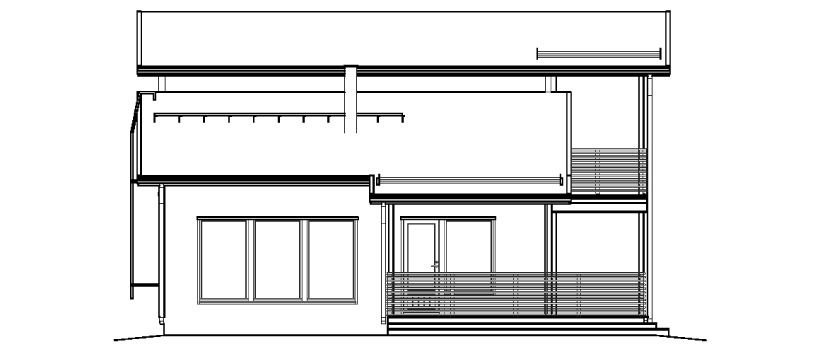 Architekturzeichnung eines modernen zweistöckigen Hauses mit Balkon und großen Fenstern.