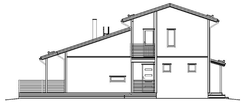 Sidevisning av et toetasjes hus med balkong og skråtak.