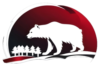 Polarlog-logo – valkoisen karhun siluetti lumisessa mäntymaisemassa