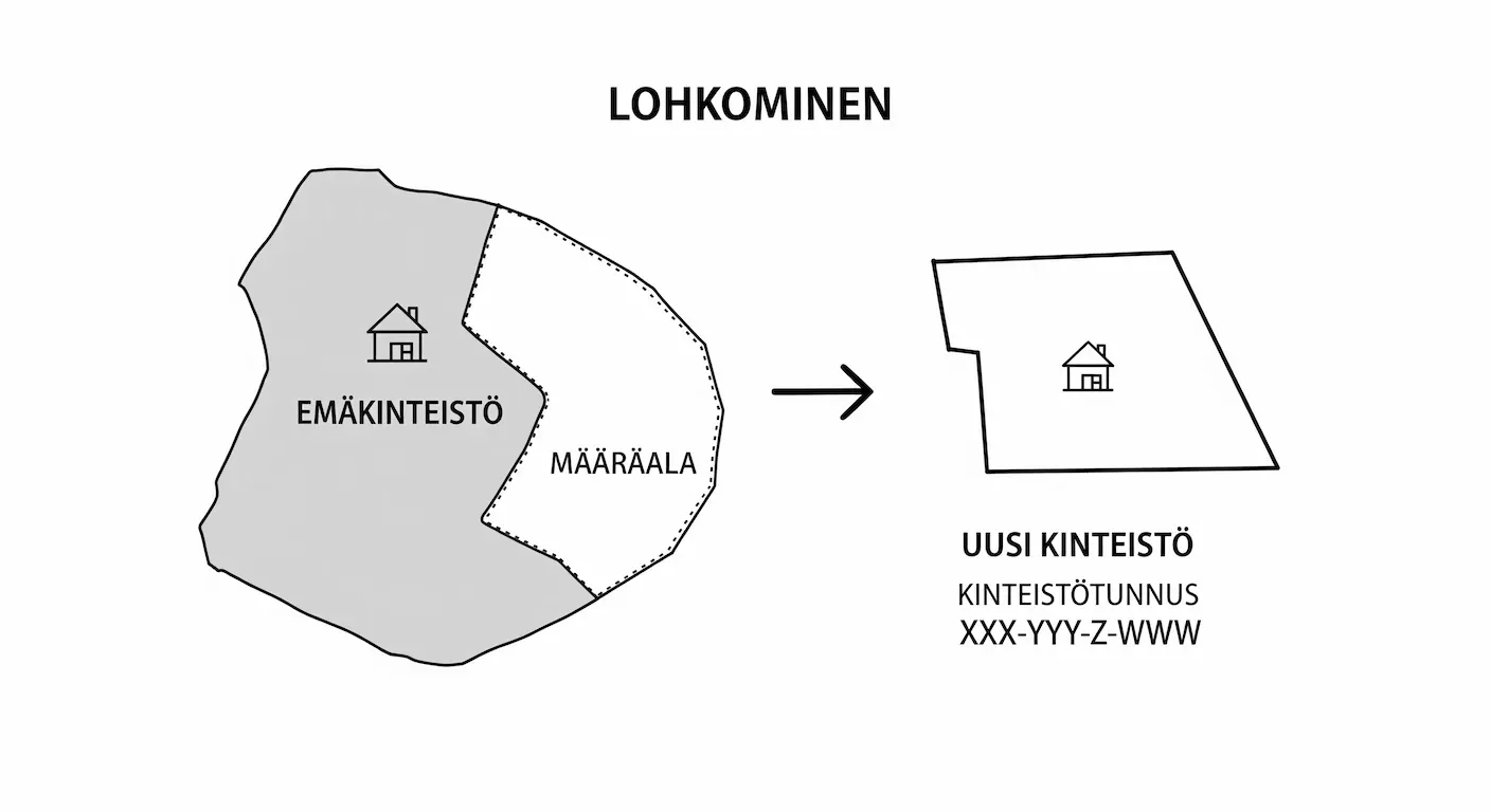 Infografiikka, joka selventää tontin lohkomisprosessin, jossa määräala erotetaan emäkiinteistöstä ja siitä muodostetaan uusi, itsenäinen kiinteistö omalla kiinteistötunnuksella.