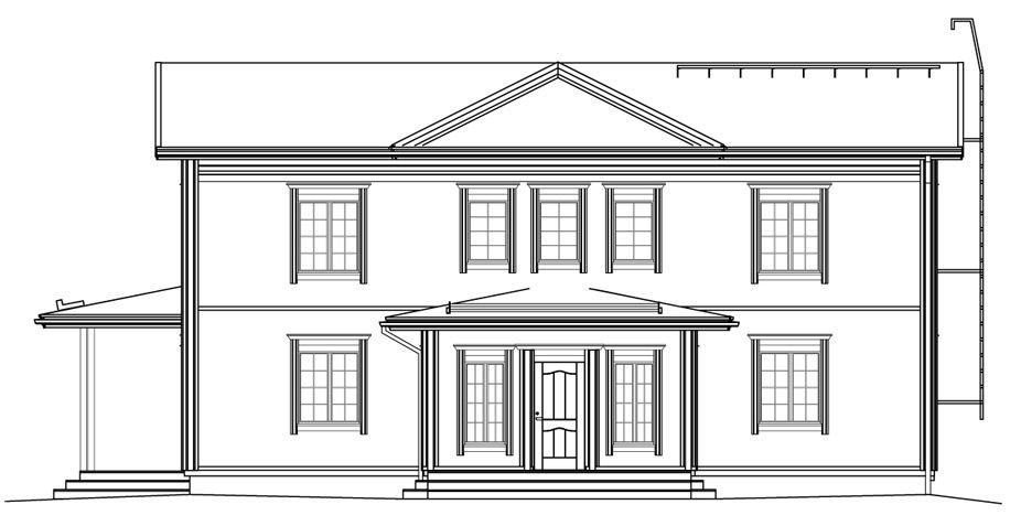 Toetasjes hvitt hus med vinduer og veranda, svart omriss, forfra.
