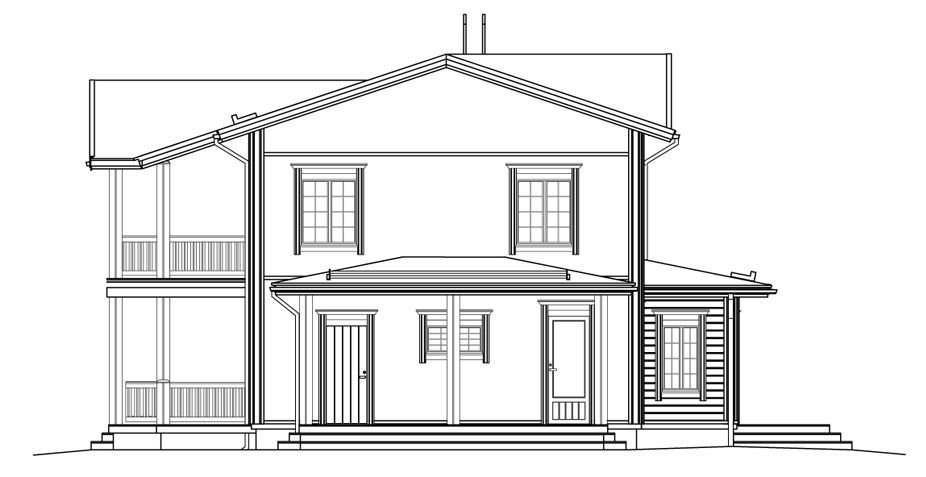 Sidevisning av et toetasjes hus med verandaer og tak, med detaljer om utvendig struktur.