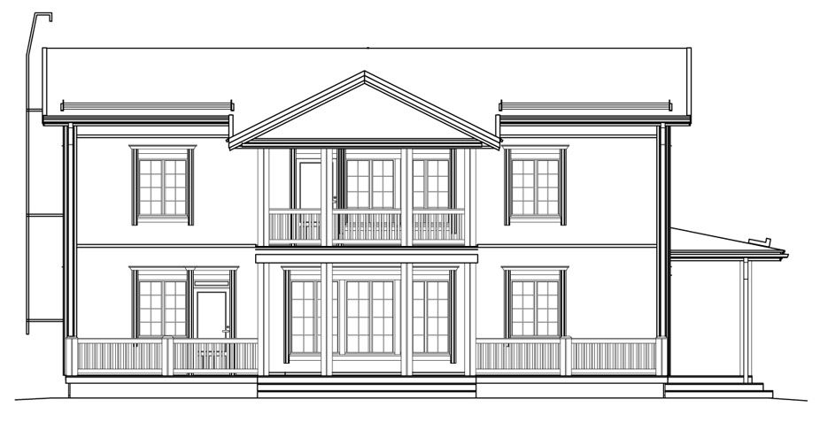 Toetasjes husfasade med veranda og balkong; symmetrisk design med vinduer, sentrert dør.